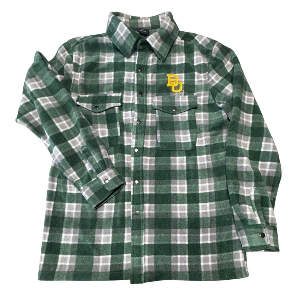 Colosseum Baylor Bears Shirt Mens L Fleece Plaid Green Grey Snap Front Shacket